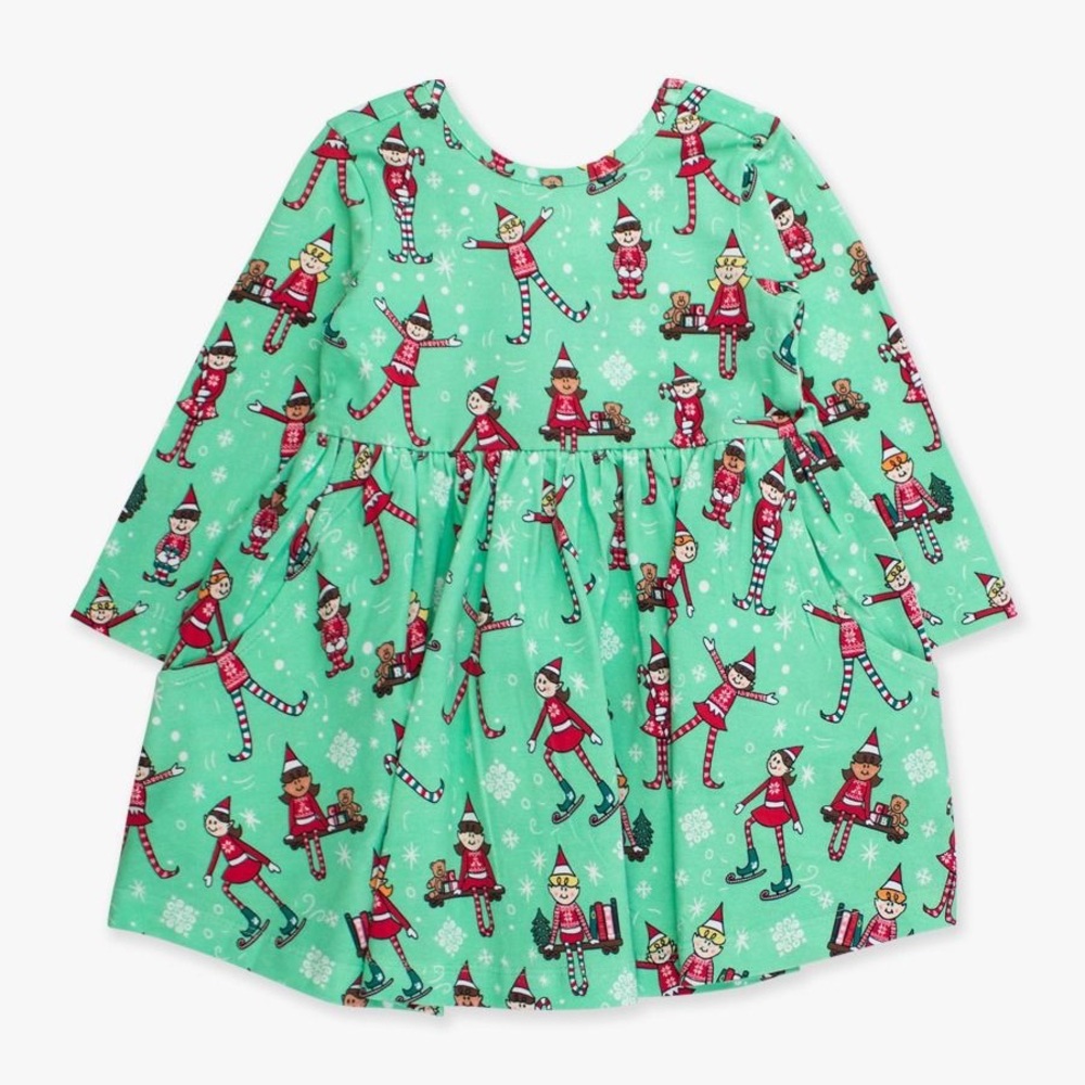 Festive Green Elf Print Kids Casual Dress